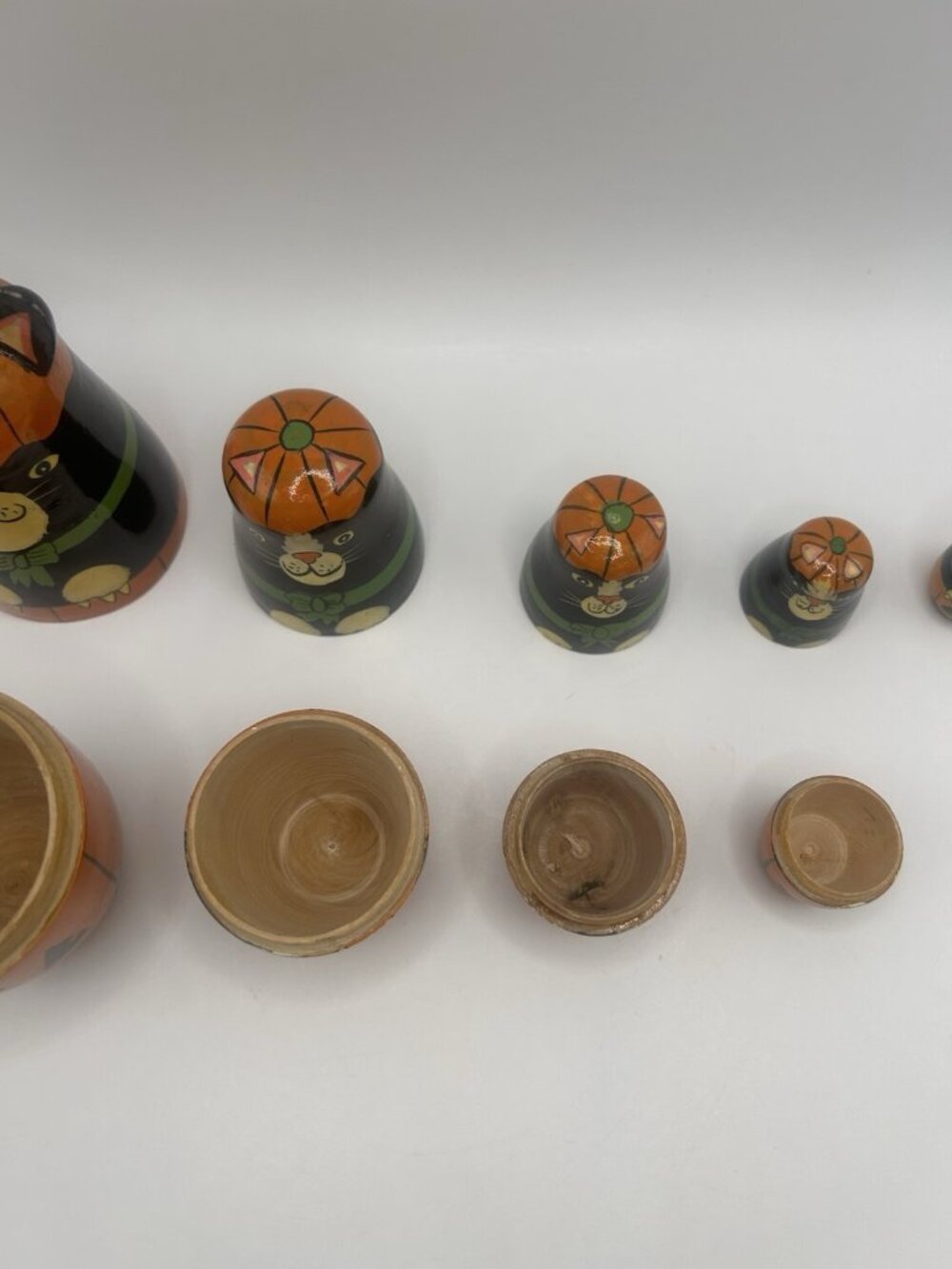 Halloween Kitty Cat Pumpkin Hand-Painted Wood Stacking Nesting Dolls Five Vtg - Picture 14 of 16